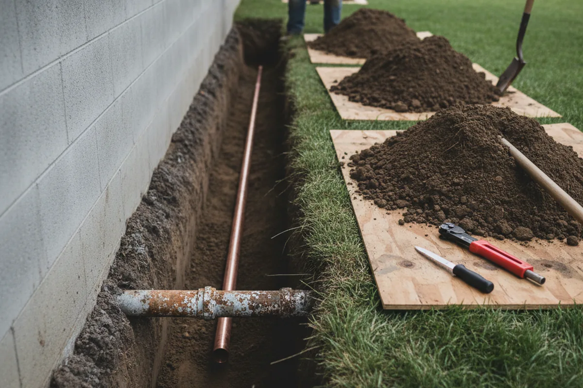 Excavated water line trench during Water Softener Installation in French Camp